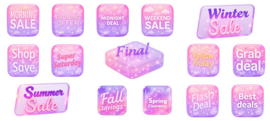Colorful sale buttons showcasing vibrant text in pink and purple hues, ideal for online promotions, concept of e-commerce, marketing or retail.