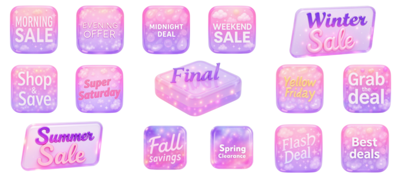 Colorful sale buttons showcasing vibrant text in pink and purple hues, ideal for online promotions, concept of e-commerce, marketing or retail.