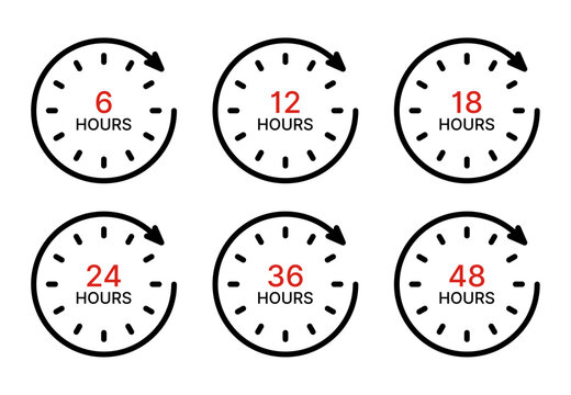 Set of clock icons with different hour counts from 6 to 48 hour time, showing duration concept for delivery periods.