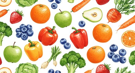 Watercolor fruits and vegetables pattern background healthy eating nutrition diet food seamless illustration art