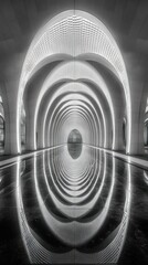 Fototapeta premium Symmetrical architectural hallway with reflective floor, creating an infinite visual effect. The arches are illuminated, adding depth and drama