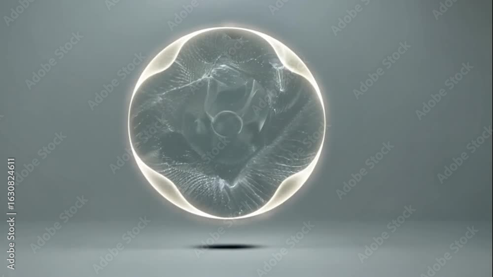 Poster glowing orb containing swirling patterns, surrounded by a bright frame, floating in a bright space