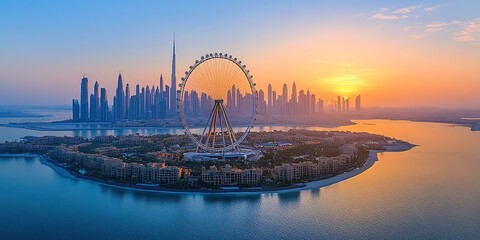 Island and Ain Dubai ferris wheel on in Dubai, United Arab Emirates aerial view