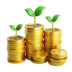 Growing money stacks gold coins plants isolated on transparent background