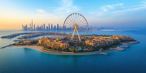 Island and Ain Dubai ferris wheel on in Dubai, United Arab Emirates aerial view