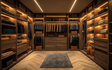 Luxury walkin closet with wooden shelves, LED lighting, and herringbone flooring