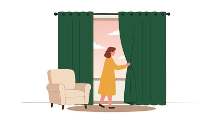Illustration Art Vector of a Woman Opening Green Curtains With Neutral Armchair in a Modern Style