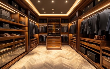 Luxury walkin closet with wooden shelves, LED lighting, and herringbone flooring