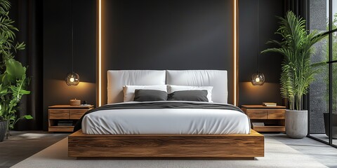 Modern bedroom large bed center has white upholstered platform isolated