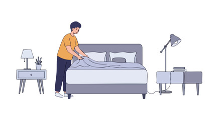 Illustration Vector of Person Making Bed Modern Room Interior Design