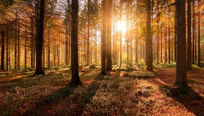 Fototapeta premium golden sunlight filtering through tall trees in dense forest with warm orange glow and long shadows during autumn season