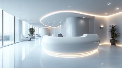 Modern, minimalist white reception area in a futuristic office or clinic