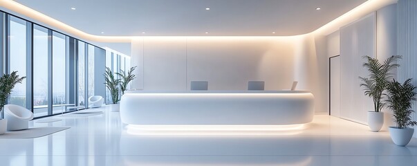Modern, minimalist white reception area in a futuristic office or clinic