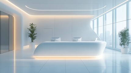 Modern, minimalist white reception area in a futuristic office or clinic