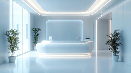 Modern, minimalist white reception area in a futuristic office or clinic