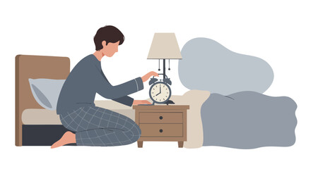 Vector Illustration of Man Turning Off Alarm Clock Bedside in Modern Minimalist Style with Calm Color Palette