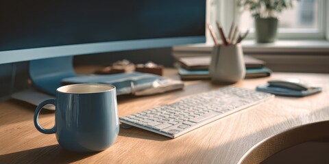 Fototapeta premium Elegant office desk in blue with curved monitor centered, white wireless keyboard, notebook, pencil cup, and coffee mug, soft shadows and natural lighting