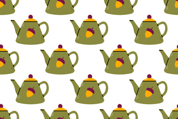 Repeating pattern with vintage green teapot and acorn detail on white background