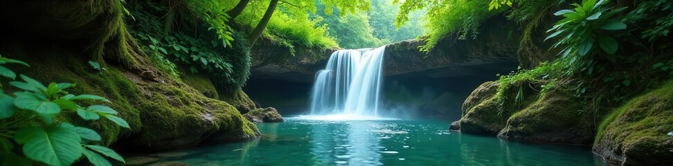 Secret falls cascade through emerald green canopy, stream, photography