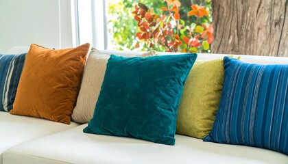 Colorful throw pillows on a white couch