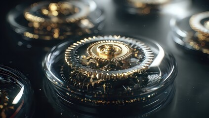 Golden Gears In Transparent Glass On Dark Background
