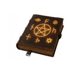 Halloween magic spell book with glowing symbols isolated on transparent background.