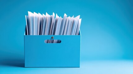 Blue File Box Overflowing with Documents on Blue Background