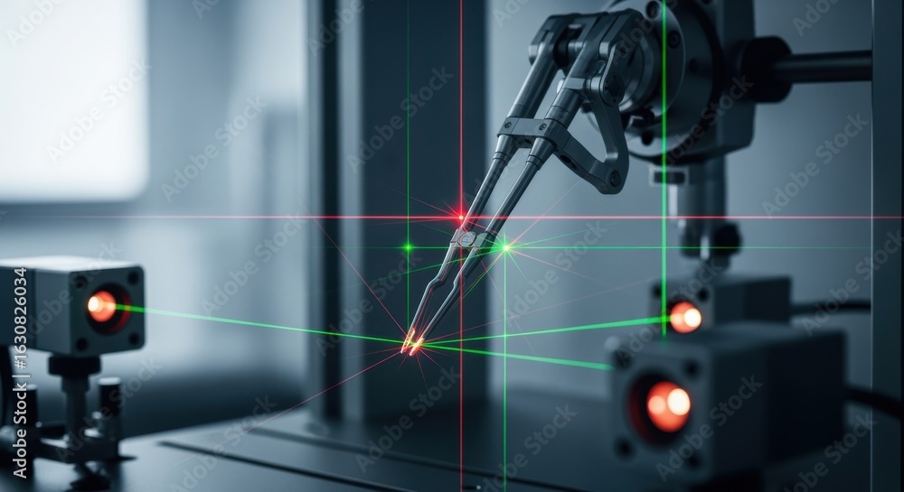 Poster robotic surgical tool on a calibration rig with laser measurement devices highlighting the highpreci