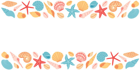 Flat vector illustration of a decorative marine border frame made of colorful seashells, starfish and ocean elements. For background, summer, sea, beach, vacation, tropical, card design. Hand drawn.