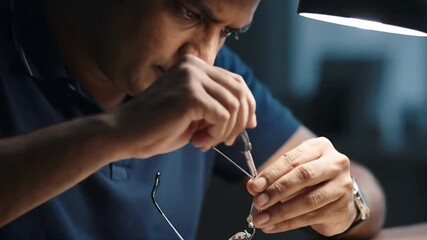 A focused view of a person repairing eyeglasses under a bright light