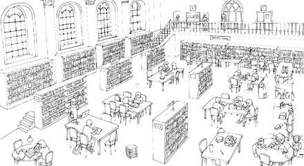 Detailed line art illustration of a bustling, multi-level library interior with numerous patrons reading, studying, and working amidst tall bookshelves and grand windows.