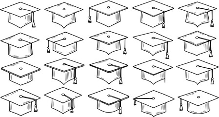 Collection of Hand-Drawn Black and White Graduation Caps with Tassels, Mortarboard Hats in Various Styles