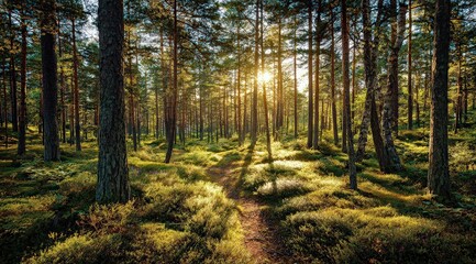 Naklejka premium Golden Sunlight Filters Through Pine Forest