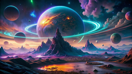 Surreal Alien Planet Landscape with Glowing Rings, Lava Volcanoes, and Bioluminescent Ocean – Sci-Fi Concept Art