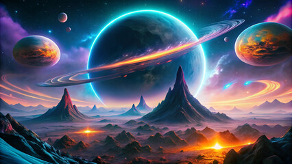 Surreal Alien Planet Landscape with Glowing Rings, Lava Volcanoes, and Bioluminescent Ocean – Sci-Fi Concept Art