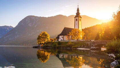 Church by lake at sunrise