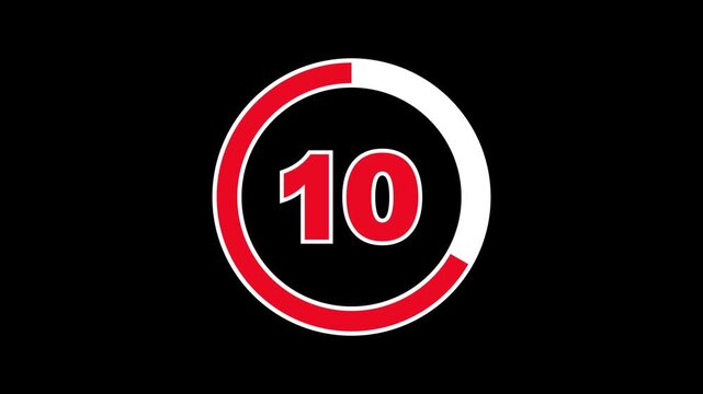 Bold outlined red 15-second countdown with a white progress ring on a black background. The progress ring decreases as seconds pass, with thick numbers indicating the time. 4K Motion Graphic