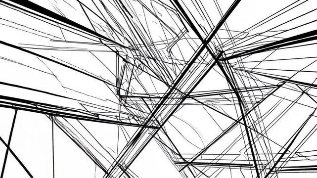 Delve into a mesmerizing abstract world of intersecting black lines on a crisp white background. This video captures the intricate geometry and depth of a digital art form, creating a stunning visual 