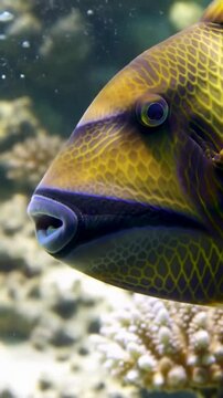Close-up of a Colorful Triggerfish Swimming in a Marine Aquarium