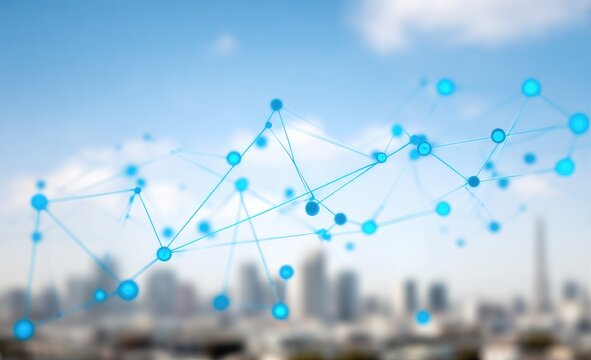 Abstract network graphic over cityscape - Powered by Adobe