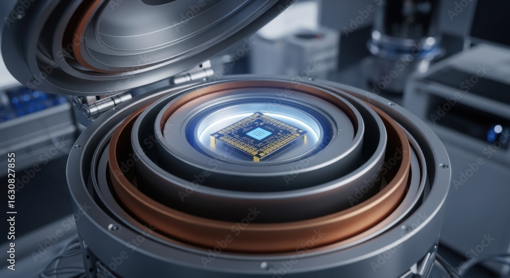 Poster cryostat bay open to reveal layered thermal shields and a mounted quantum annealing chip in a temper
