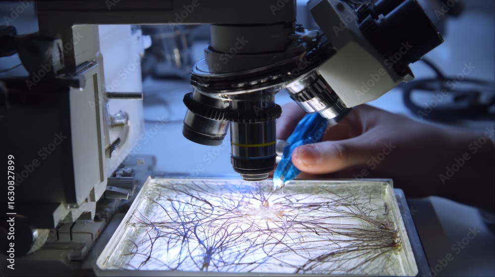Poster timelapse footage of expanding fungal hyphae inside a growth chamber with a mycologist using a micro