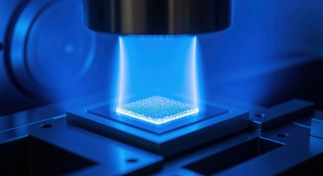 Diamond growth process inside a CVD reactor illuminated by blue plasma highlighting thinfilm deposition for advanced semiconductor devices.