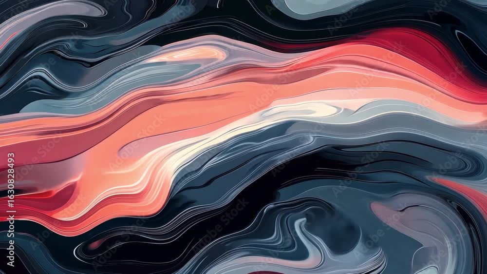 Poster vibrant abstract design fluid waves of red, gray, and black colors with smooth textures creating dyn