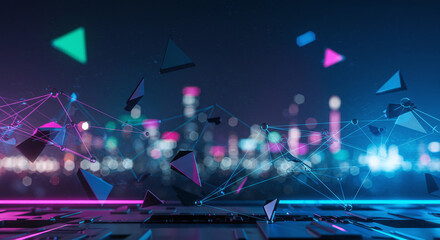 Abstract 3D rendering of a virtual data network, featuring glowing plexus connections and geometric particles above a futuristic cityscape.