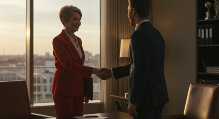Professional handshake between two business executives in a modern office at sunset, symbolizing a successful agreement, strong partnership, and the start of future collaboration.