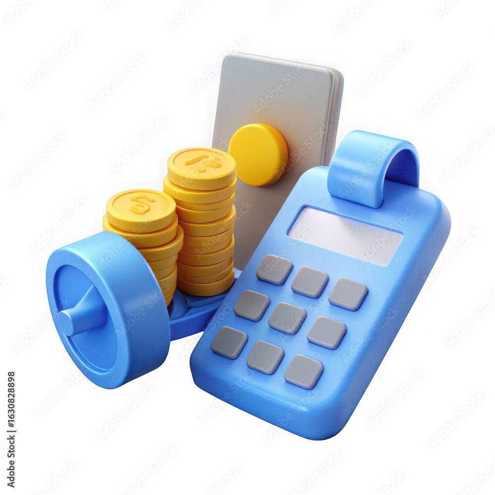 Poster 3d render of calculator with coins and phone isolated on transparent background