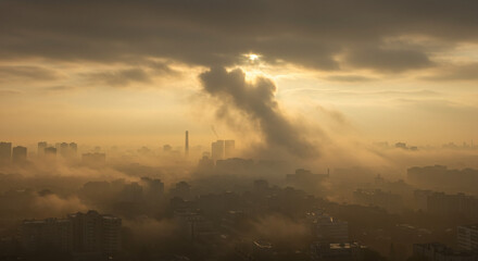 Naklejka premium Golden Hour Cityscape A Dramatic View of Urban Life Emerging from the Morning Mist, Capturing the Essence of a Vibrant Metropolis