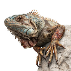 Obraz premium Png of A majestic iguana perched on a rocky surface, showcasing vibrant colors and intricate textures.