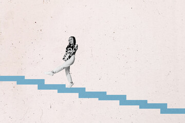 Banner artwork trend collage of happy businesswoman businessman stand career ladder promotion...